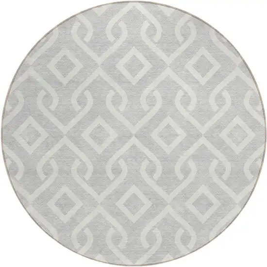 8' Silver And Ivory Round Geometric Washable Indoor Outdoor Area Rug Photo 2