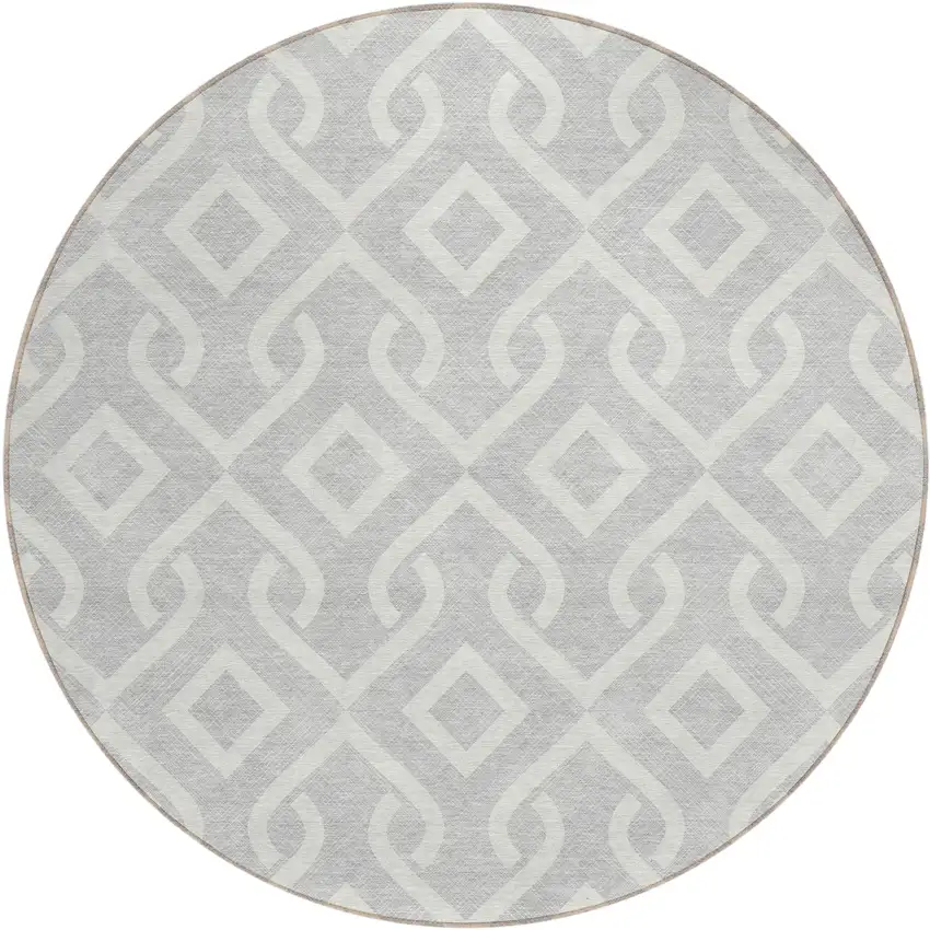 8' Silver And Ivory Round Geometric Washable Indoor Outdoor Area Rug Photo 2