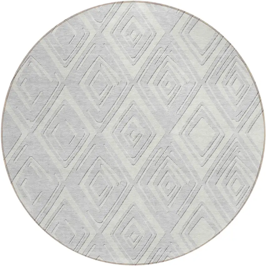 8' Silver And Ivory Round Geometric Washable Indoor Outdoor Area Rug Photo 2