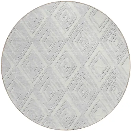 8' Silver And Ivory Round Geometric Washable Indoor Outdoor Area Rug Photo 2