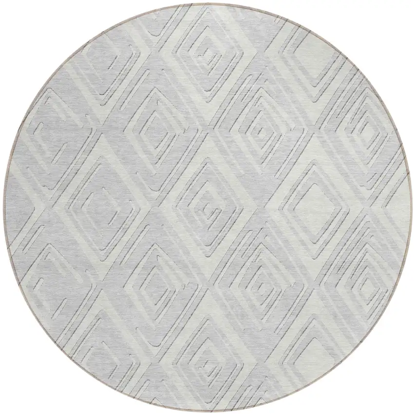 8' Silver And Ivory Round Geometric Washable Indoor Outdoor Area Rug Photo 2