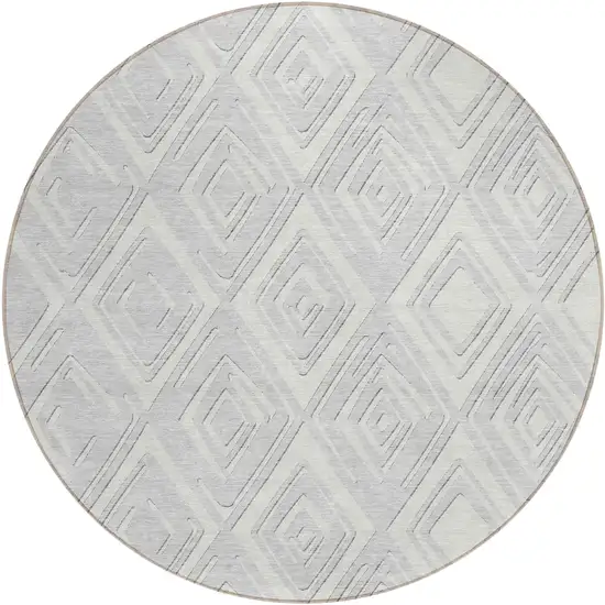 8' Silver And Ivory Round Geometric Washable Indoor Outdoor Area Rug Photo 2