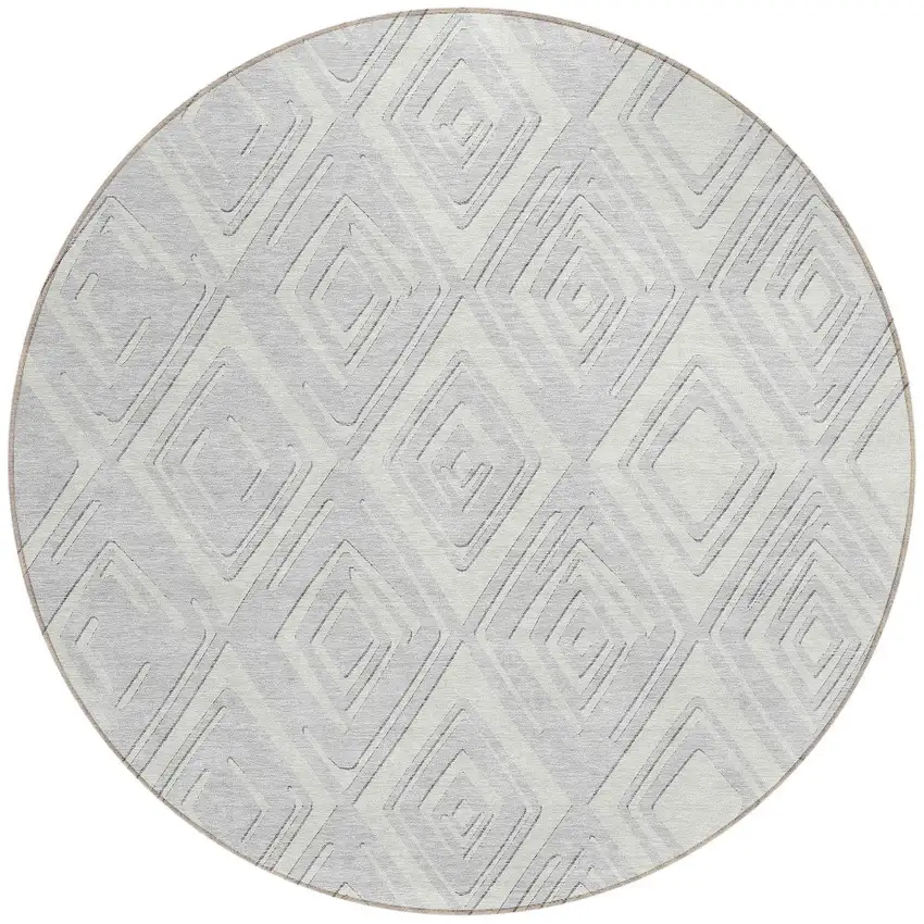 8' Silver And Ivory Round Geometric Washable Indoor Outdoor Area Rug Photo 7