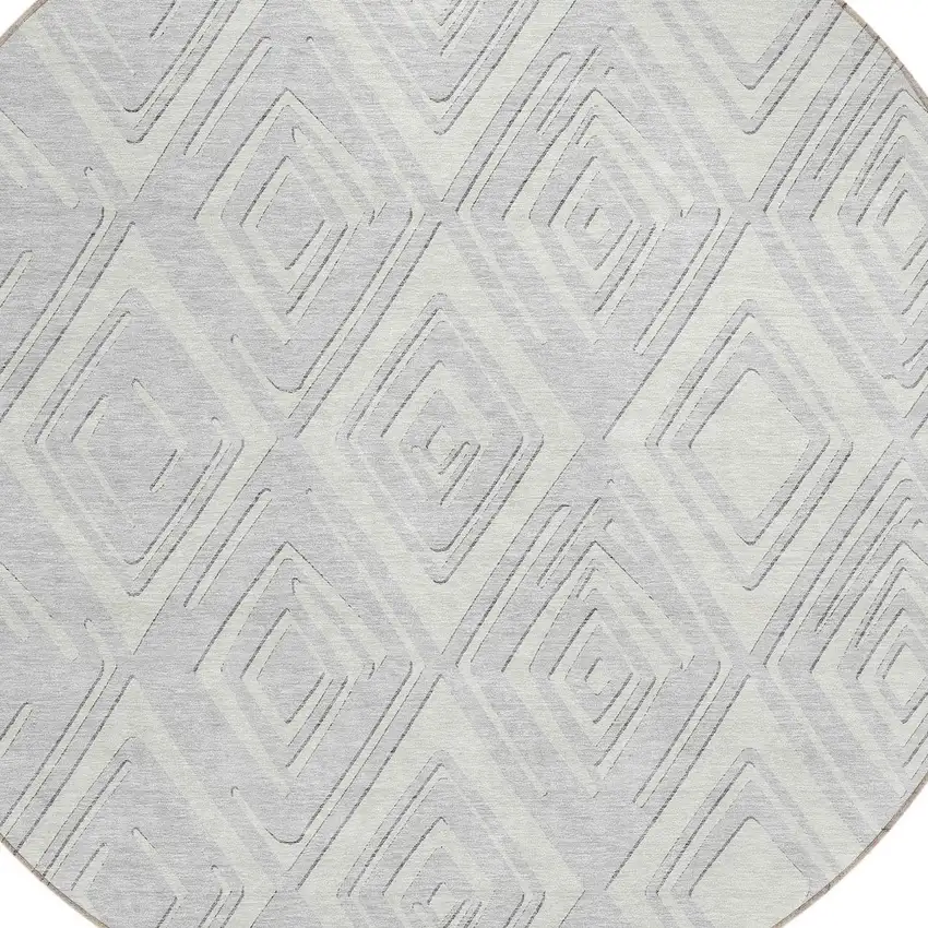 8' Silver And Ivory Round Geometric Washable Indoor Outdoor Area Rug Photo 6