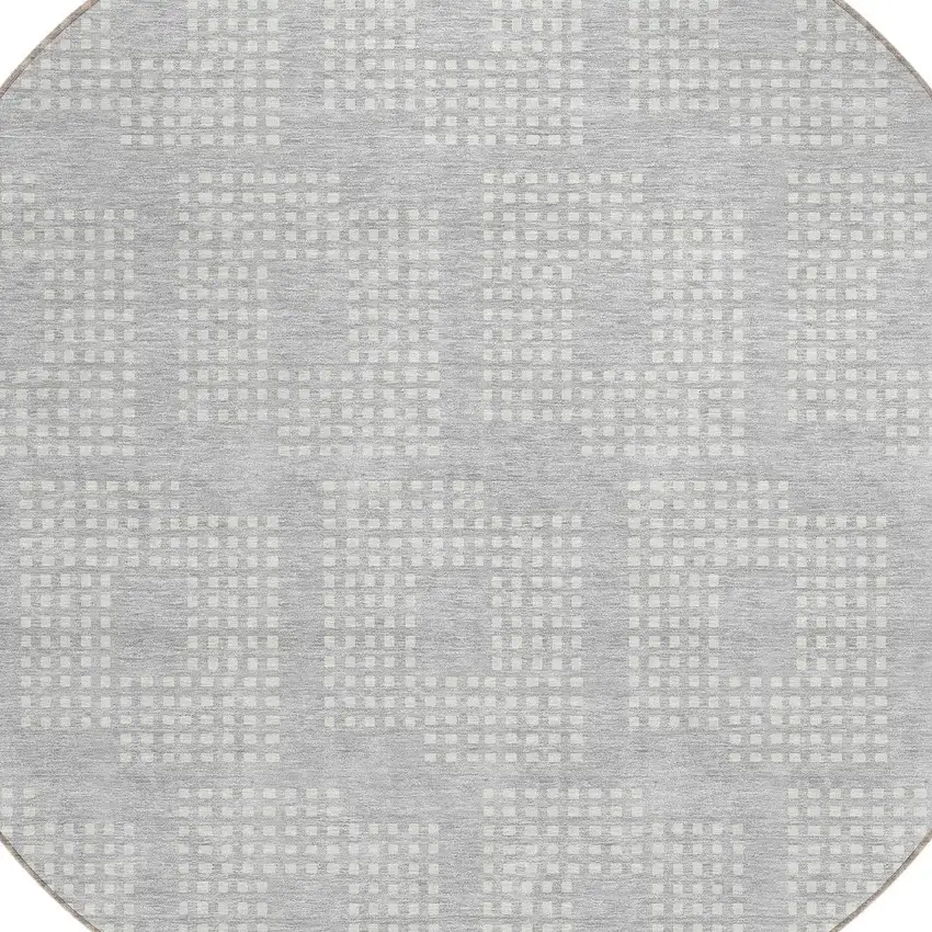 8' Silver And Ivory Round Geometric Washable Indoor Outdoor Area Rug Photo 4