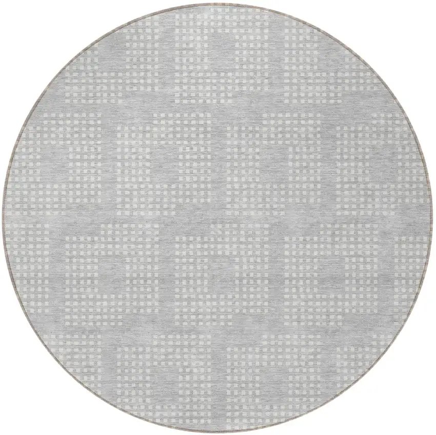 8' Silver And Ivory Round Geometric Washable Indoor Outdoor Area Rug Photo 5