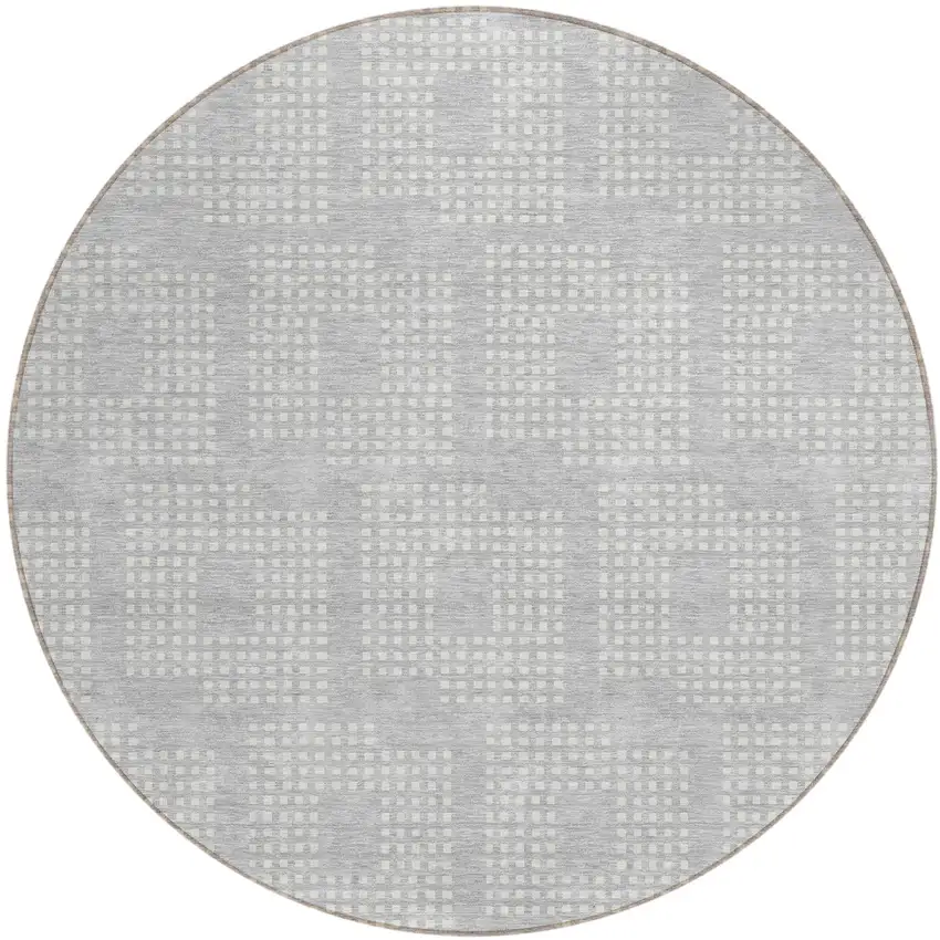 8' Silver And Ivory Round Geometric Washable Indoor Outdoor Area Rug Photo 2
