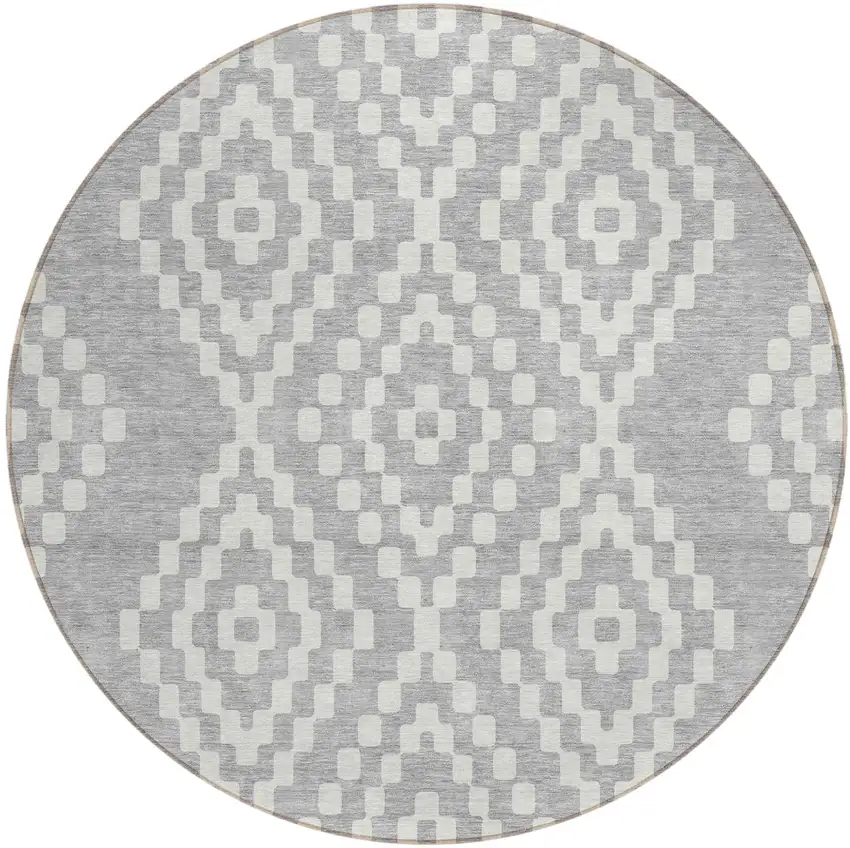 8' Silver And Ivory Round Geometric Washable Indoor Outdoor Area Rug Photo 2