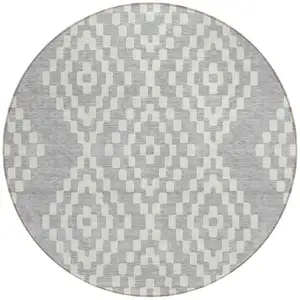 Photo of 8' Silver And Ivory Round Geometric Washable Indoor Outdoor Area Rug