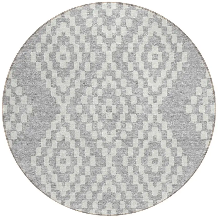 8' Silver And Ivory Round Geometric Washable Indoor Outdoor Area Rug Photo 5