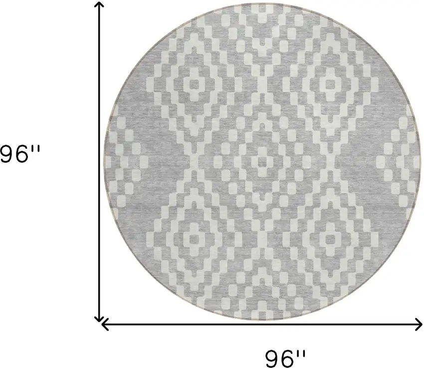 8' Silver And Ivory Round Geometric Washable Indoor Outdoor Area Rug Photo 3
