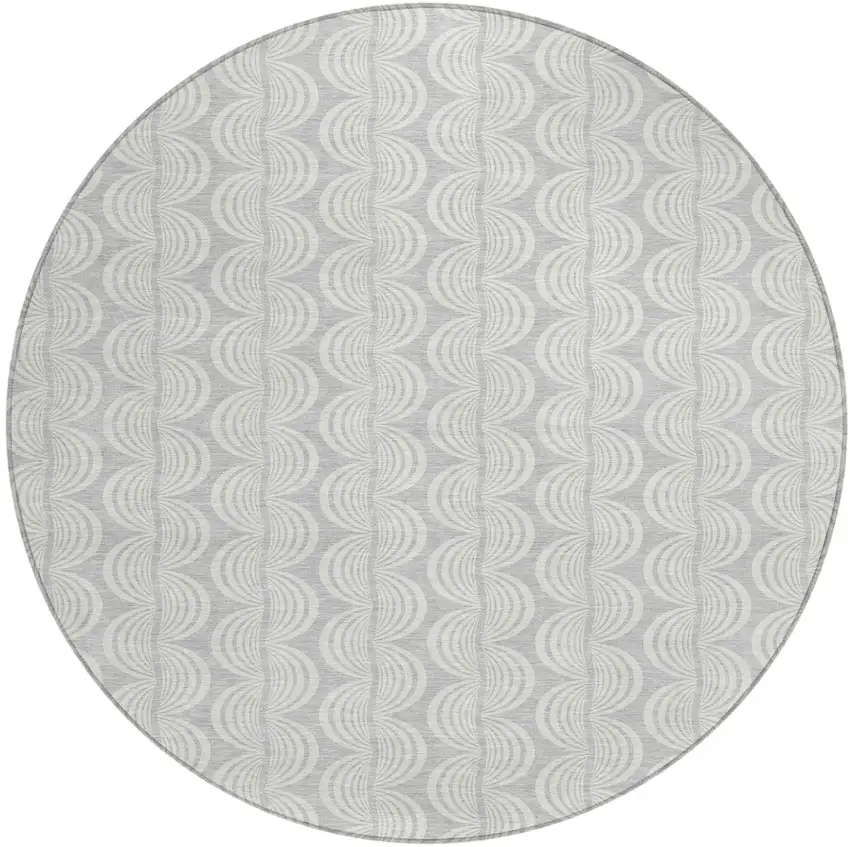 8' Silver And Ivory Round Ogee Washable Indoor Outdoor Area Rug Photo 2
