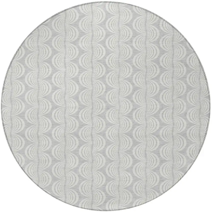 8' Silver And Ivory Round Ogee Washable Indoor Outdoor Area Rug Photo 6