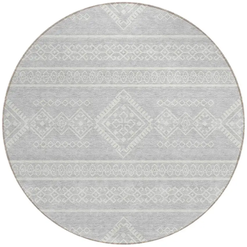 8' Silver And Ivory Round Southwestern Washable Indoor Outdoor Area Rug Photo 5