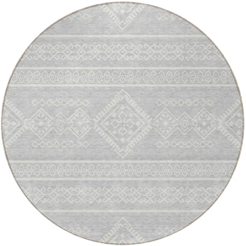 8' Silver And Ivory Round Southwestern Washable Indoor Outdoor Area Rug Photo 6