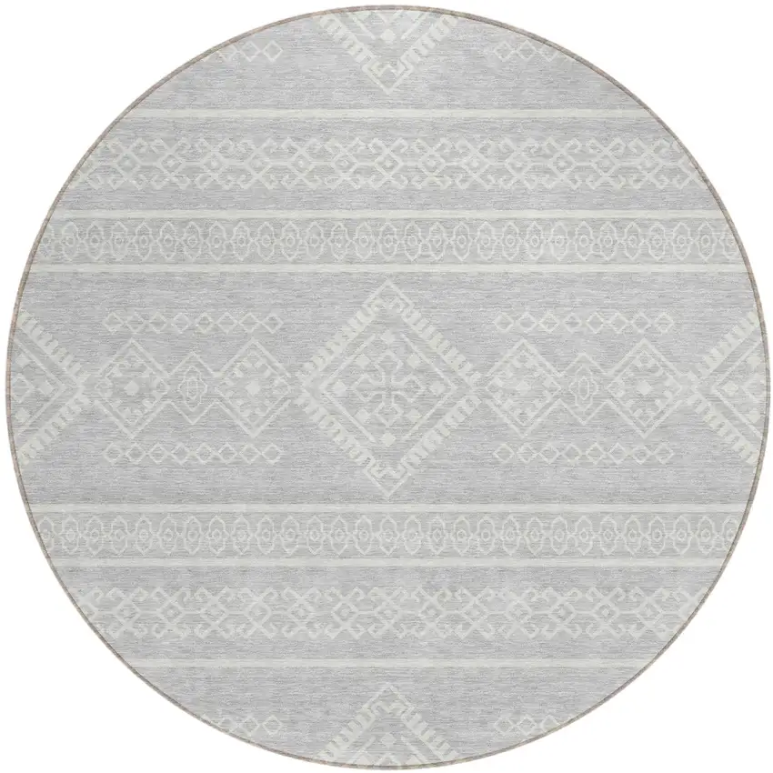 8' Silver And Ivory Round Southwestern Washable Indoor Outdoor Area Rug Photo 2