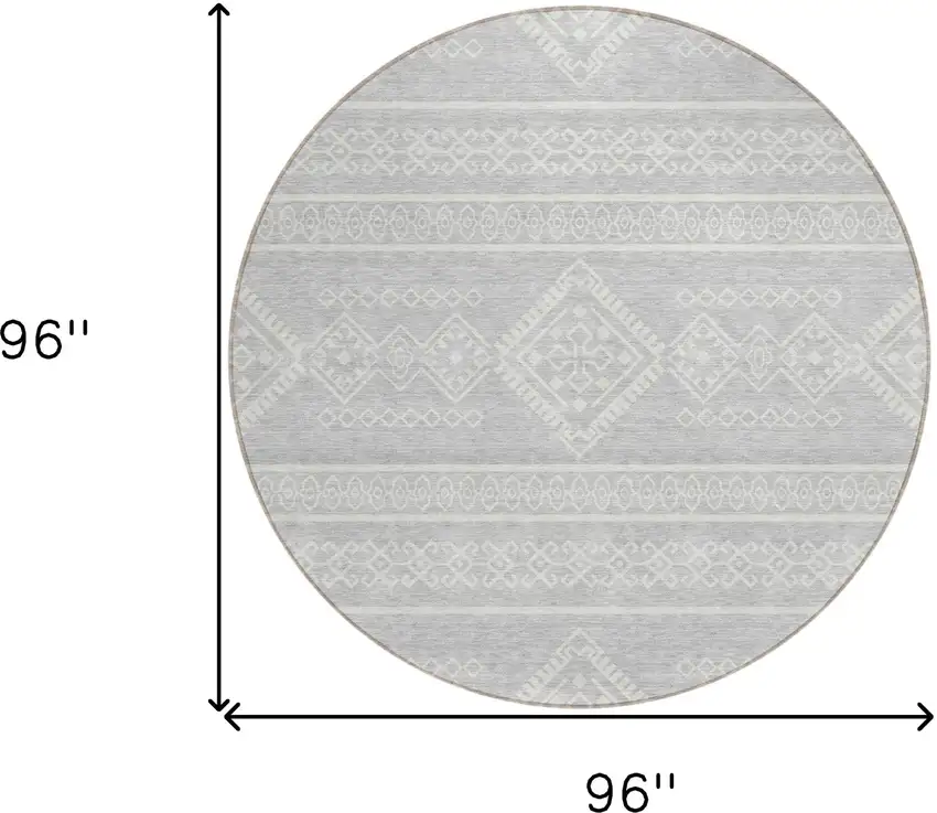 8' Silver And Ivory Round Southwestern Washable Indoor Outdoor Area Rug Photo 3