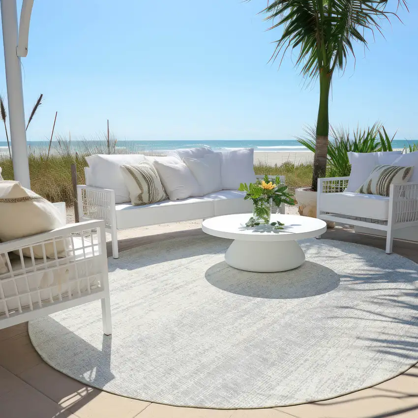 8' Silver And Ivory Round Striped Washable Indoor Outdoor Area Rug Photo 6