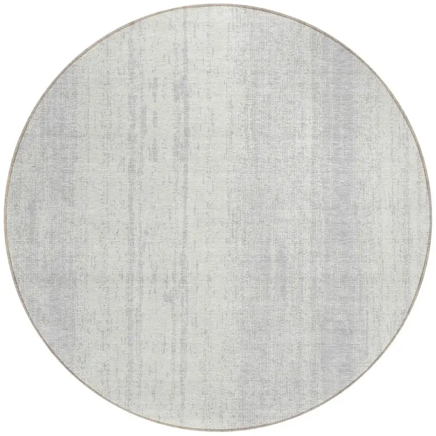 8' Silver And Ivory Round Striped Washable Indoor Outdoor Area Rug Photo 4
