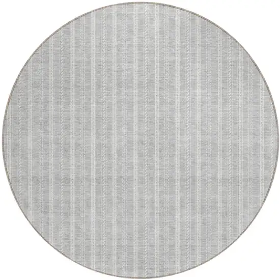 8' Silver And Ivory Round Striped Washable Indoor Outdoor Area Rug Photo 2