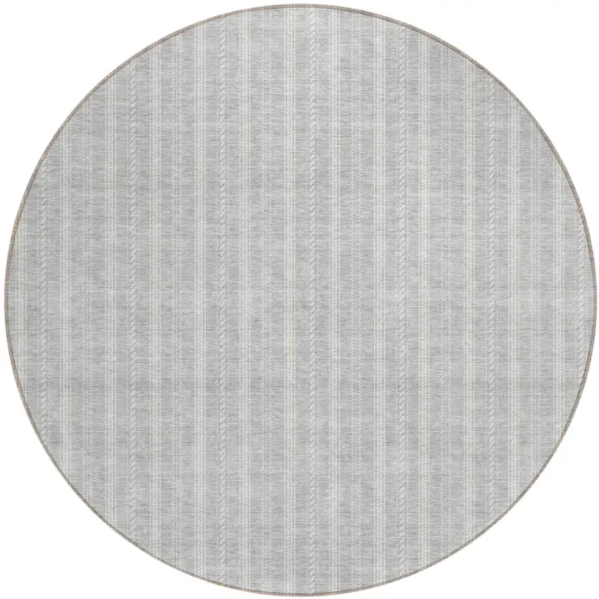 8' Silver And Ivory Round Striped Washable Indoor Outdoor Area Rug Photo 2