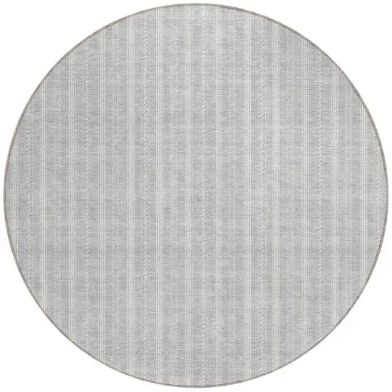 8' Silver And Ivory Round Striped Washable Indoor Outdoor Area Rug Photo 4