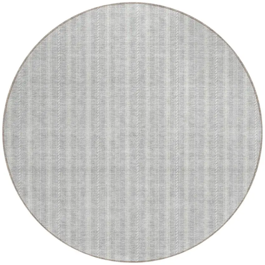 8' Silver And Ivory Round Striped Washable Indoor Outdoor Area Rug Photo 4