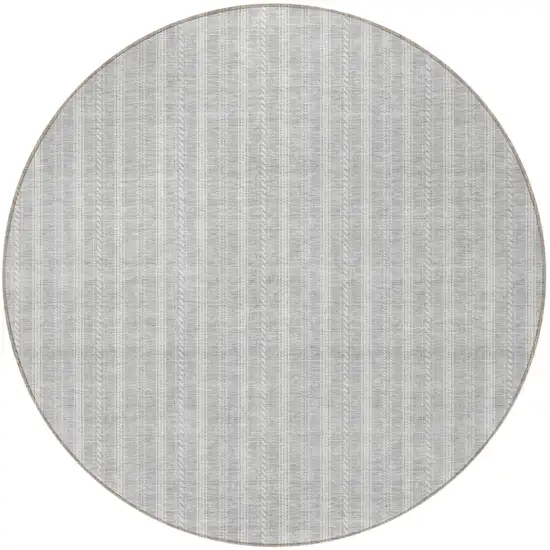 8' Silver And Ivory Round Striped Washable Indoor Outdoor Area Rug Photo 5