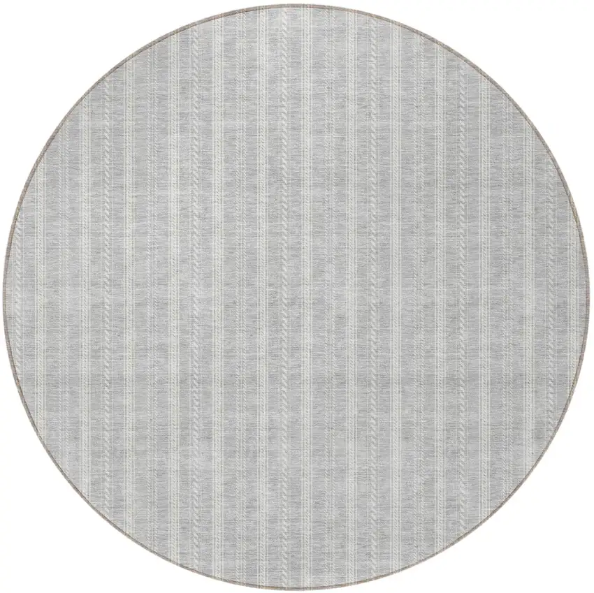 8' Silver And Ivory Round Striped Washable Indoor Outdoor Area Rug Photo 5