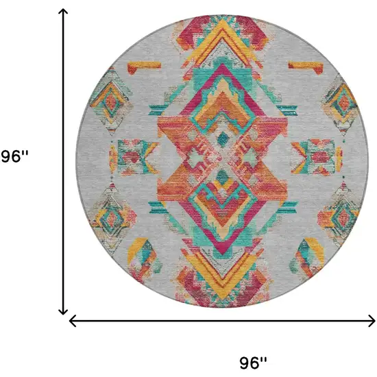 8' Silver And Ivory Round Tribal Washable Indoor Outdoor Area Rug Photo 8
