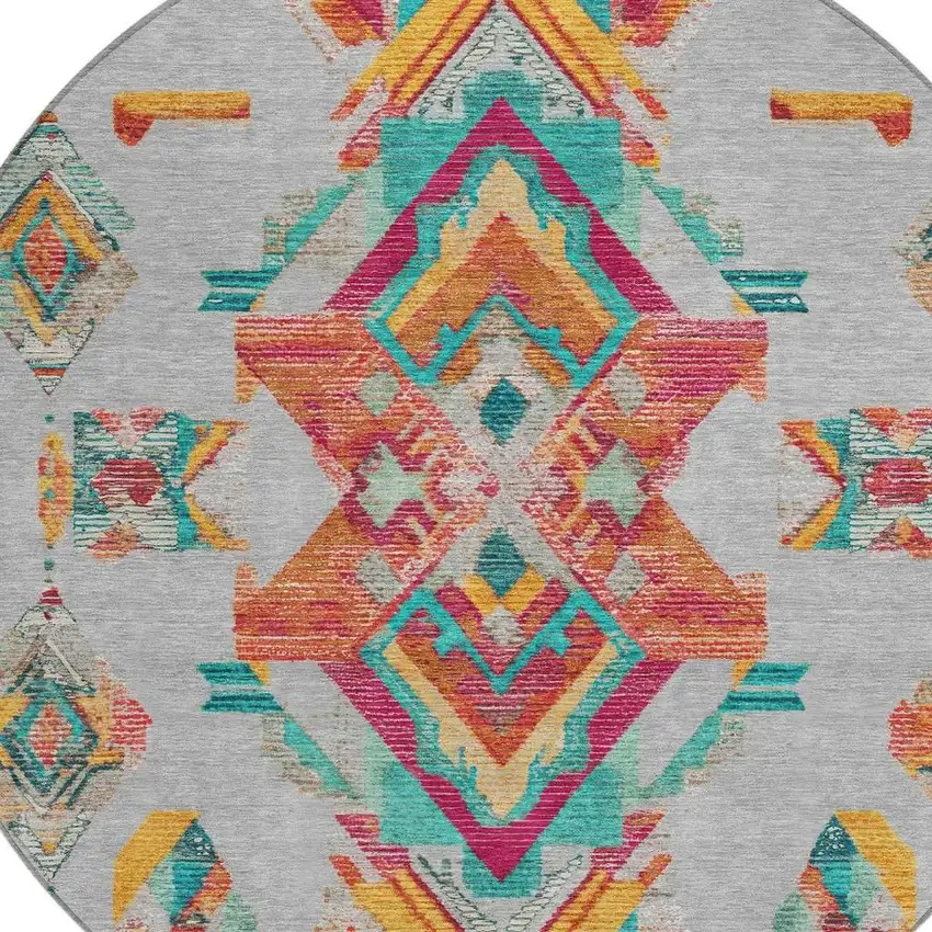 8' Silver And Ivory Round Tribal Washable Indoor Outdoor Area Rug Photo 5