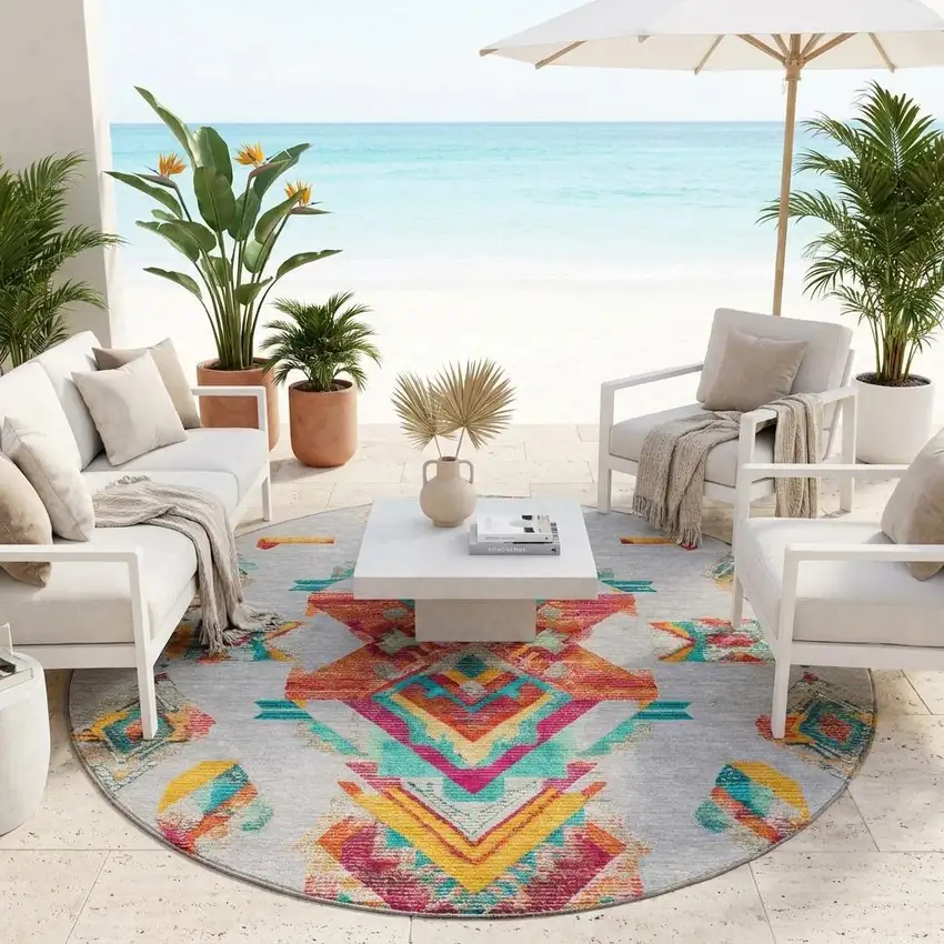 8' Silver And Ivory Round Tribal Washable Indoor Outdoor Area Rug Photo 1