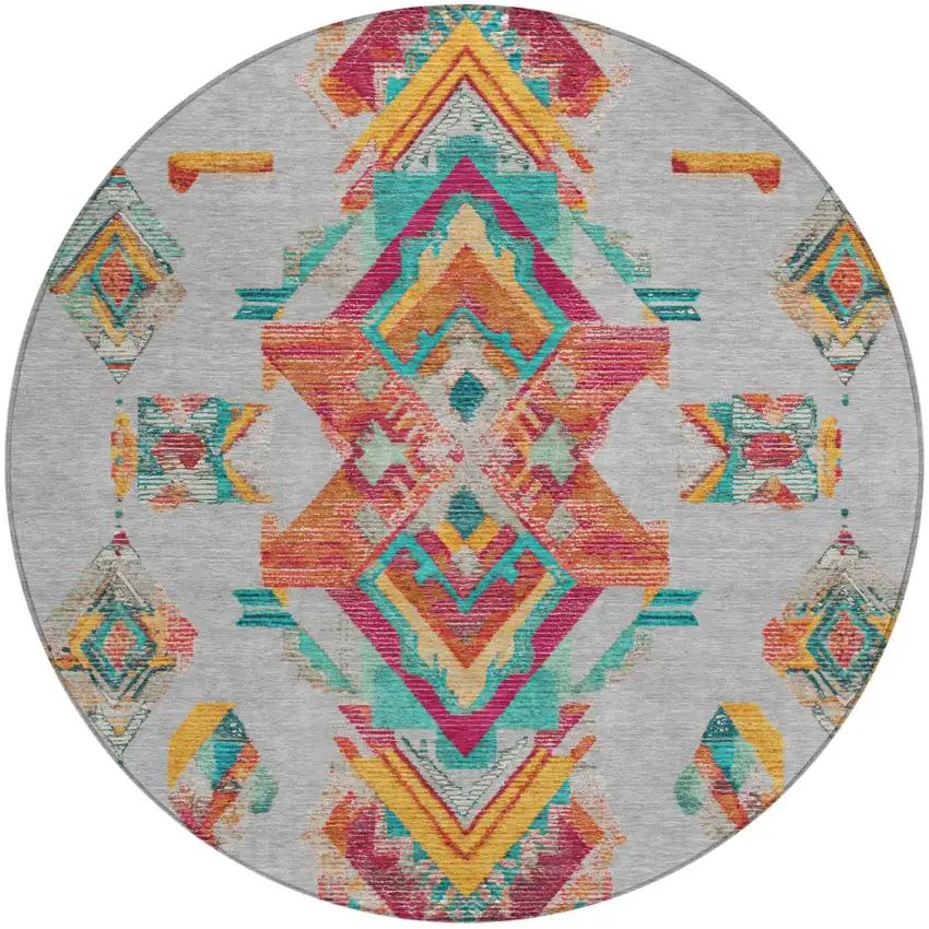 8' Silver And Ivory Round Tribal Washable Indoor Outdoor Area Rug Photo 2