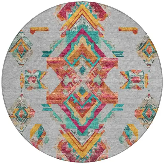 8' Silver And Ivory Round Tribal Washable Indoor Outdoor Area Rug Photo 3