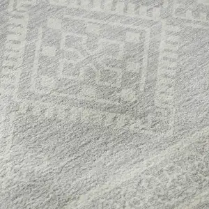 Photo of 8' Silver And Ivory Southwestern Washable Round Rug With UV Protection