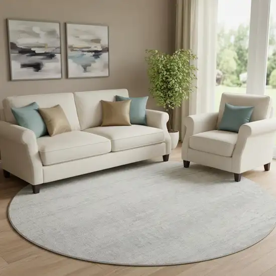 8' Silver And Ivory Striped Washable Round Rug With UV Protection Photo 1