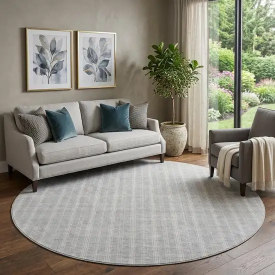 8' Silver And Ivory Striped Washable Round Rug With UV Protection Photo 1