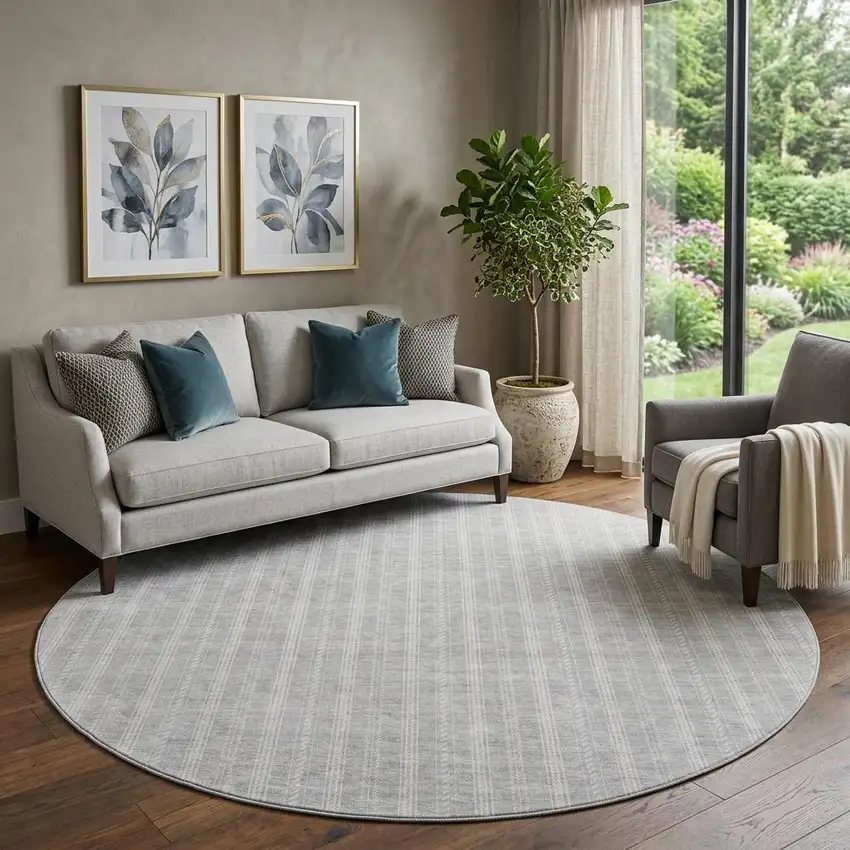 8' Silver And Ivory Striped Washable Round Rug With UV Protection Photo 1