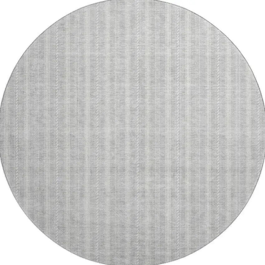 8' Silver And Ivory Striped Washable Round Rug With UV Protection Photo 2