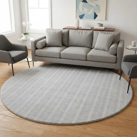 8' Silver And Ivory Striped Washable Round Rug With UV Protection Photo 2