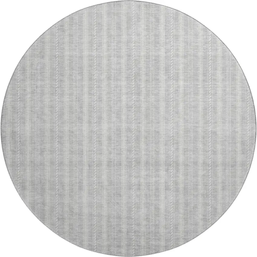 8' Silver And Ivory Striped Washable Round Rug With UV Protection Photo 1
