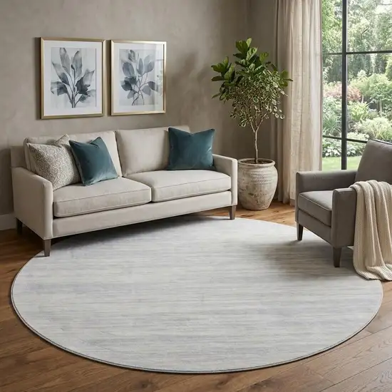 8' Silver And Ivory Striped Washable Round Rug With UV Protection Photo 1