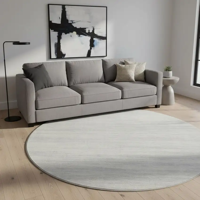 8' Silver And Ivory Striped Washable Round Rug With UV Protection Photo 2