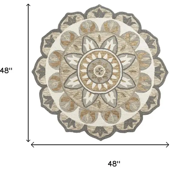 4' Silver And Ivory Wool Floral Hand Tufted Round Rug Photo 3