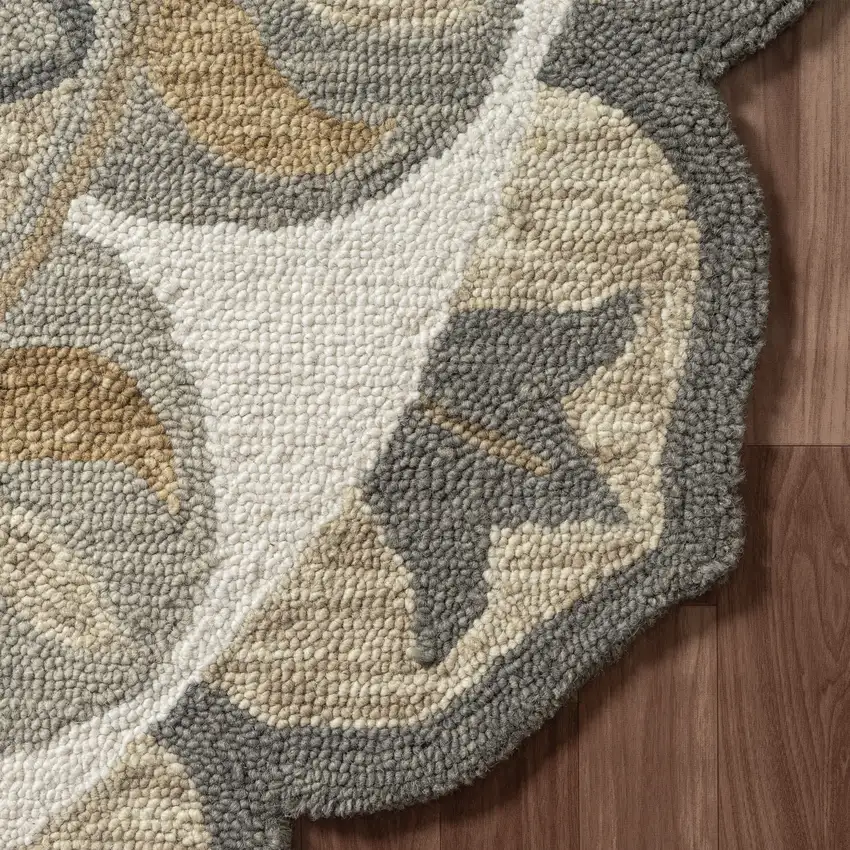 5' Silver And Ivory Wool Floral Hand Tufted Round Rug Photo 5