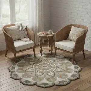 Photo of 6' Silver And Ivory Wool Floral Hand Tufted Round Rug