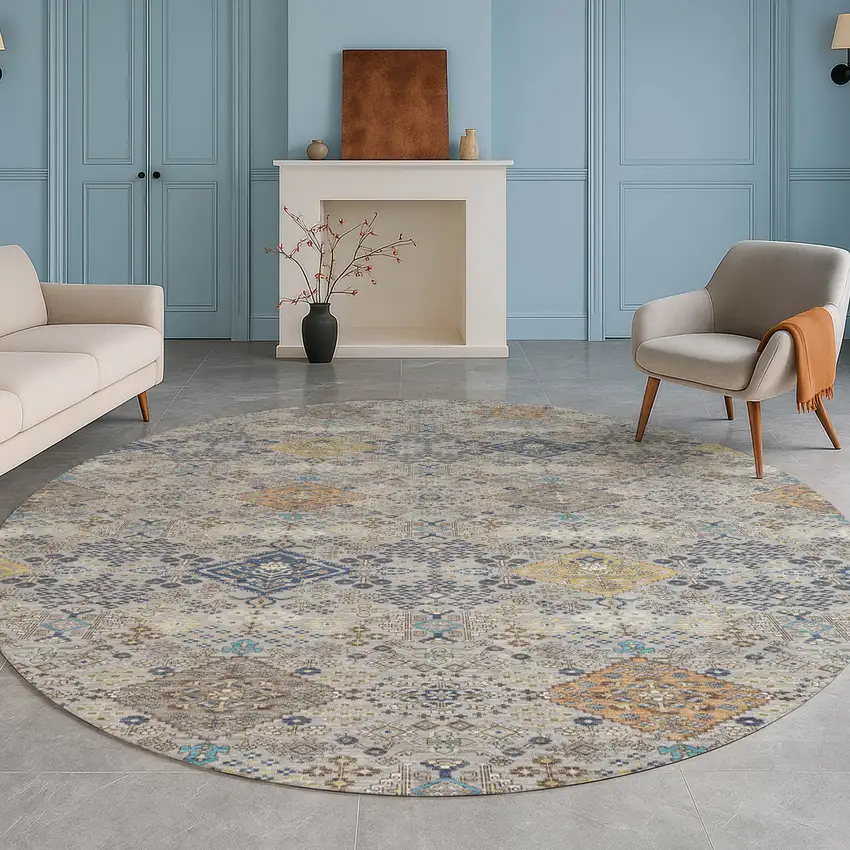 8' Silver And Navy Blue Round Oriental Washable Indoor Outdoor Area Rug Photo 5