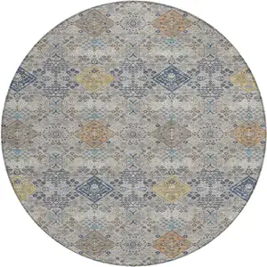 Photo of 8' Silver And Navy Blue Round Oriental Washable Indoor Outdoor Area Rug