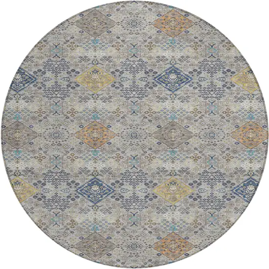 8' Silver And Navy Blue Round Oriental Washable Indoor Outdoor Area Rug Photo 1