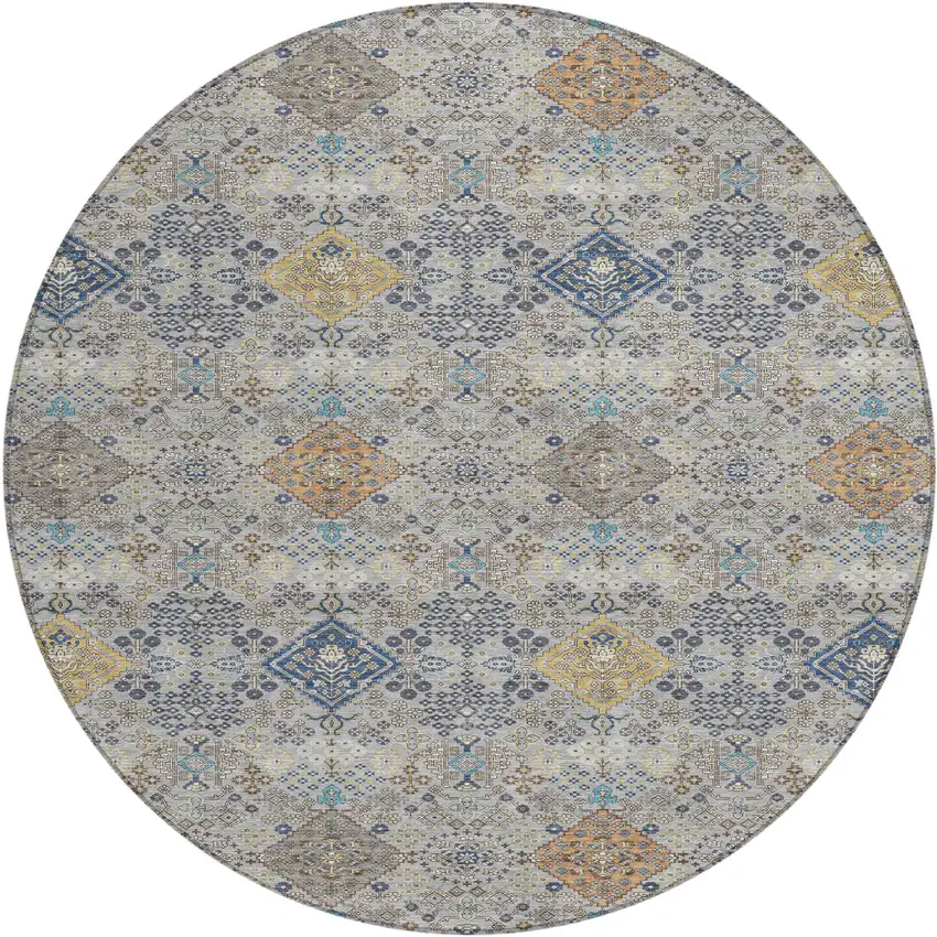 8' Silver And Navy Blue Round Oriental Washable Indoor Outdoor Area Rug Photo 1